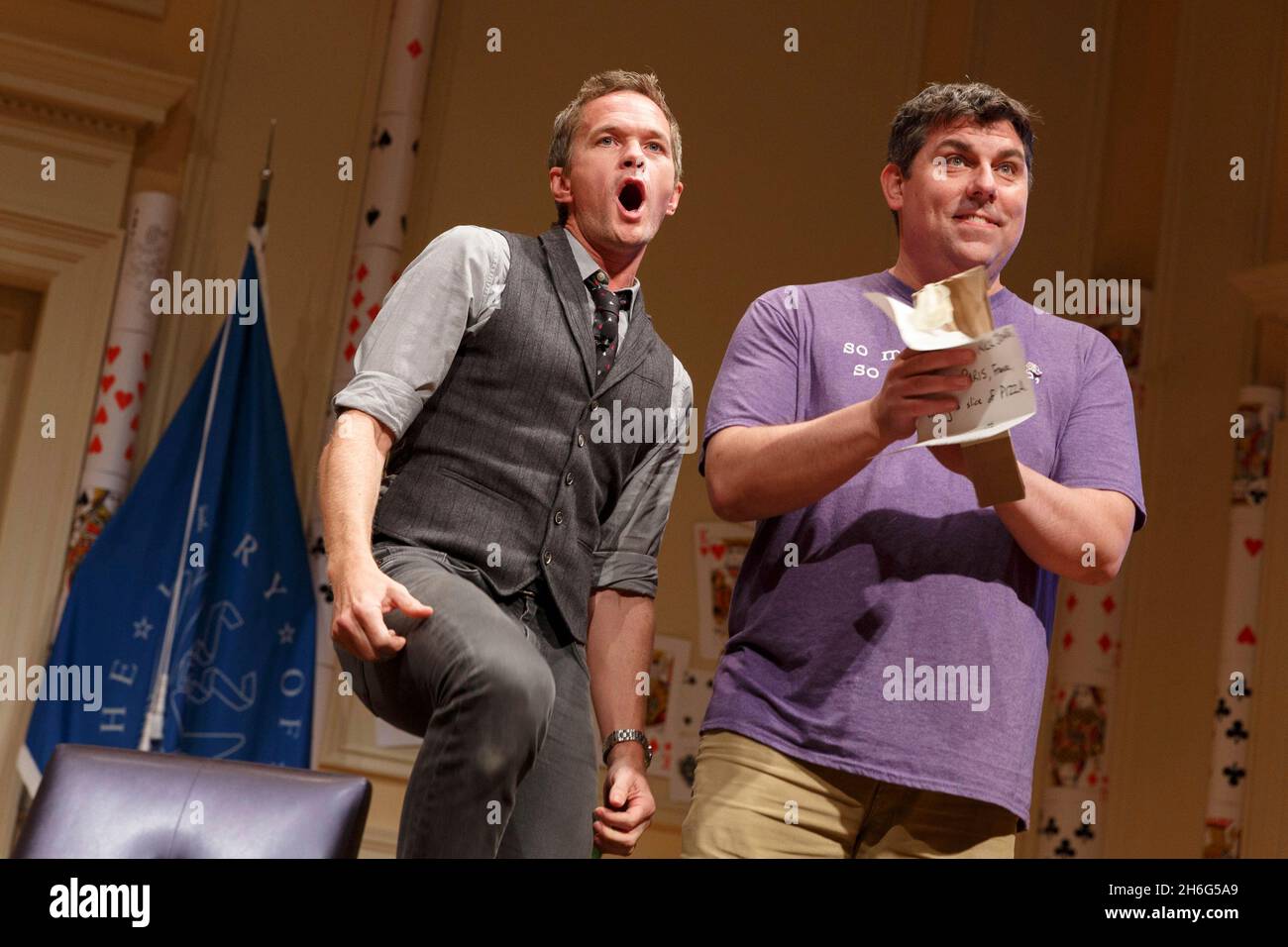 Washington, United States of America. 11 September, 2019. An audience member helps Neil Patrick Harris, left, finish his magic routine during the National Book Festival Presents series, September 11, 2019 in Washington, D.C.  Credit: Shawn Miller/Library of Congress/Alamy Live News Stock Photo