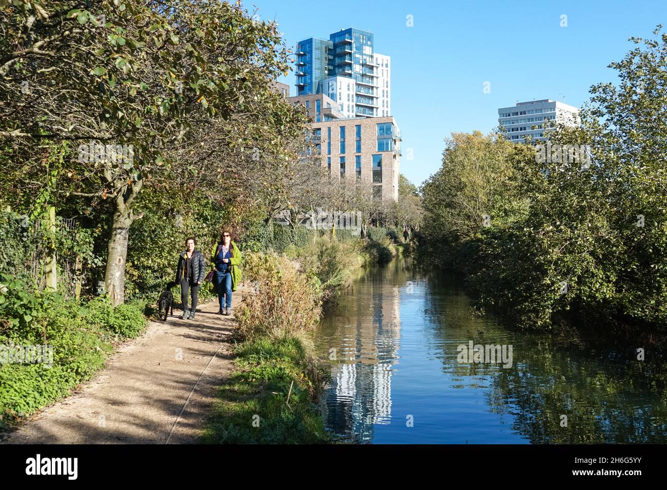 Modern residential buildings in Woodberry Down next to Woodberry