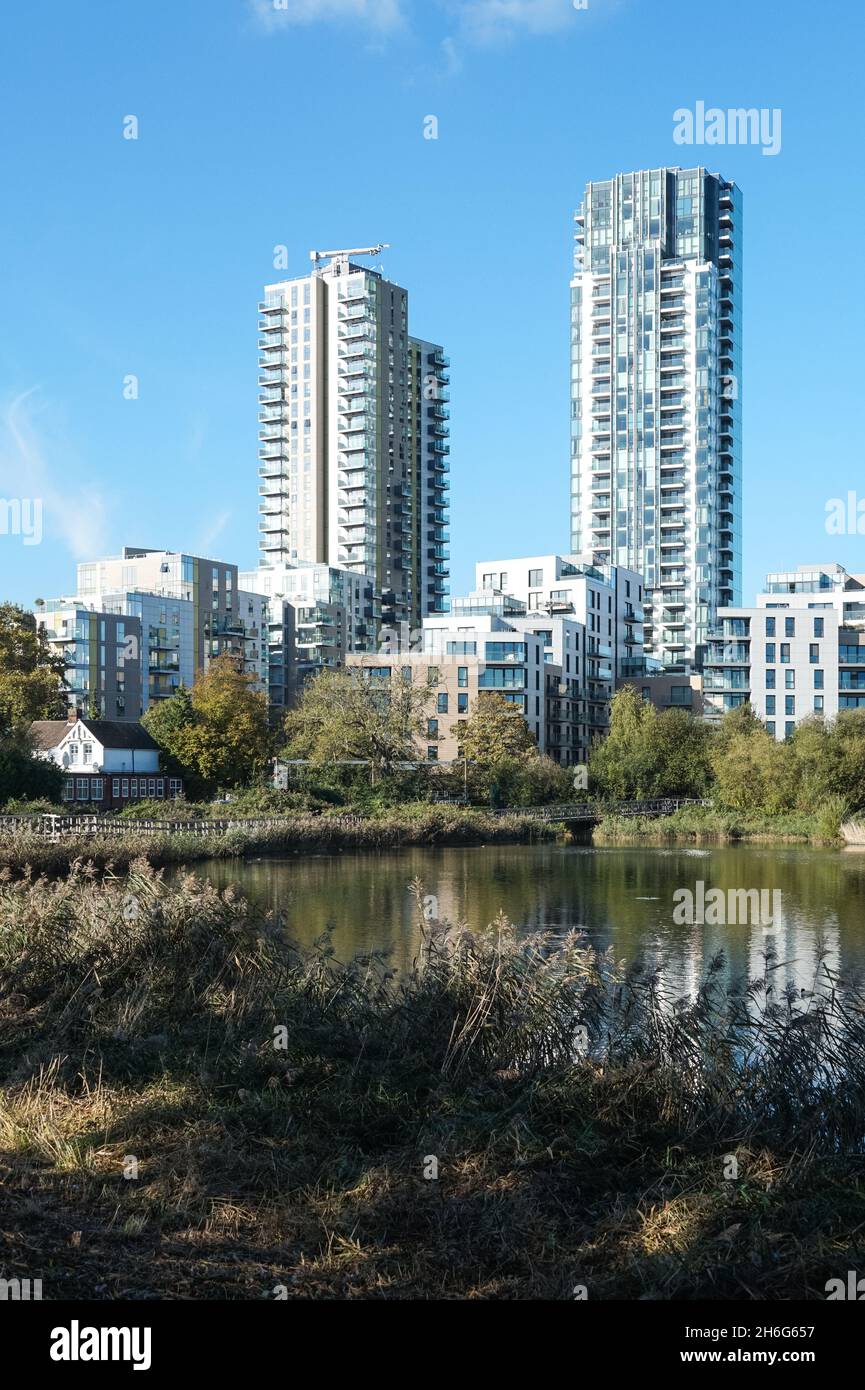 Woodberry Down modern residential buildings and Woodberry Wetlands nature reserve in London England United Kingdom UK Stock Photo