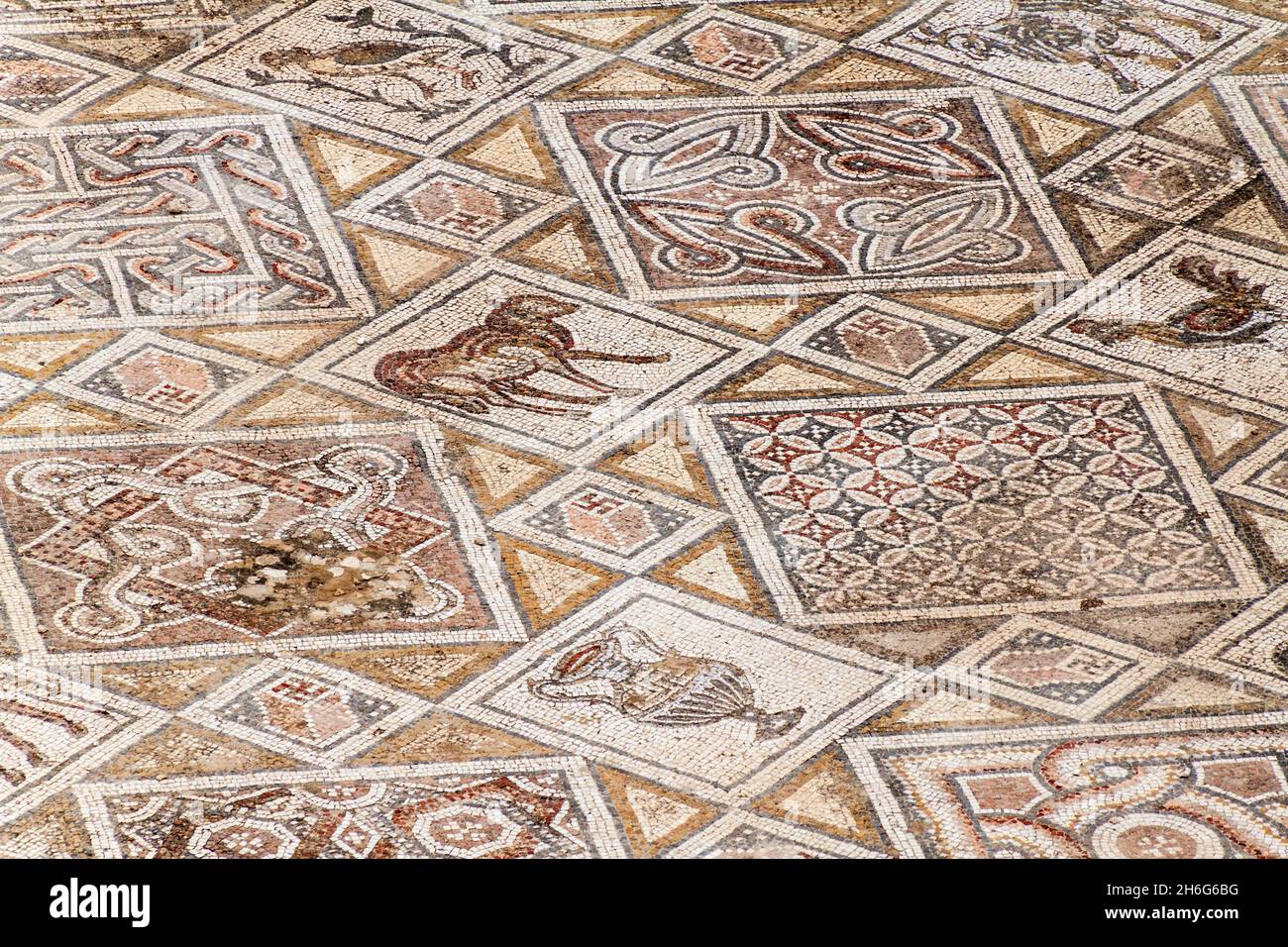 JERASH, JORDAN - APRIL 1, 2017: Mosaics at the church of Saints Cosmas and Damianus ruins at the ancient city Jerash, Jordan Stock Photo