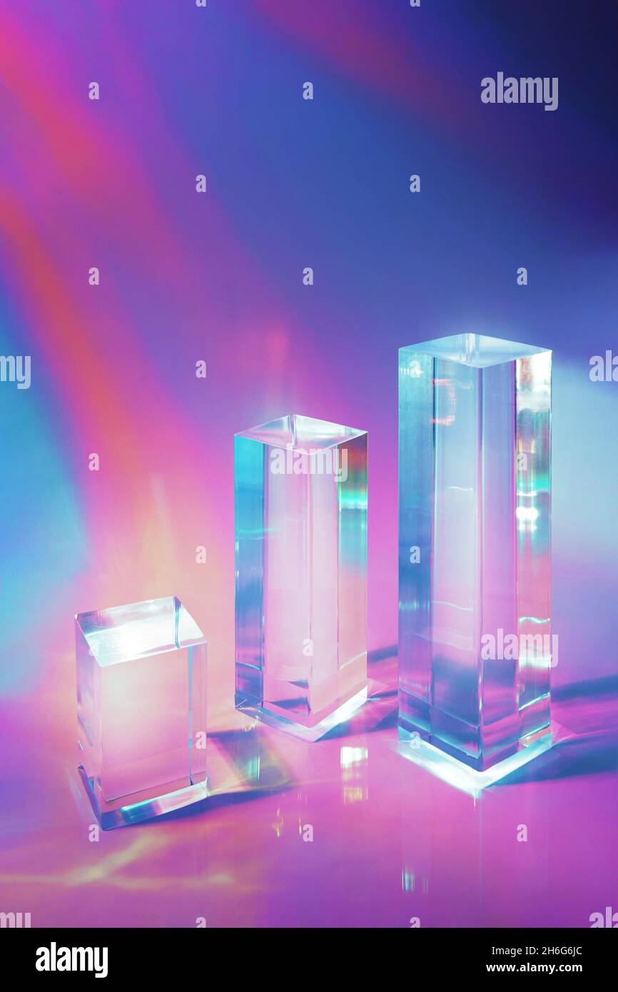 Abstract glass prism with colored neon hires stock photography and