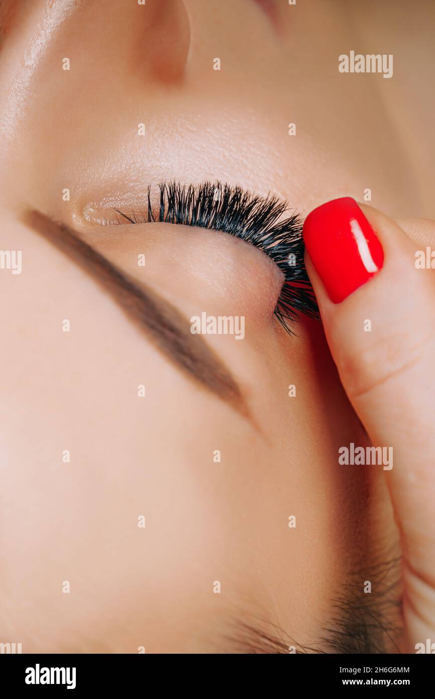Eyelash Extension Procedure. Woman Eye with Long Eyelashes. Close up, selective focus. Stock Photo
