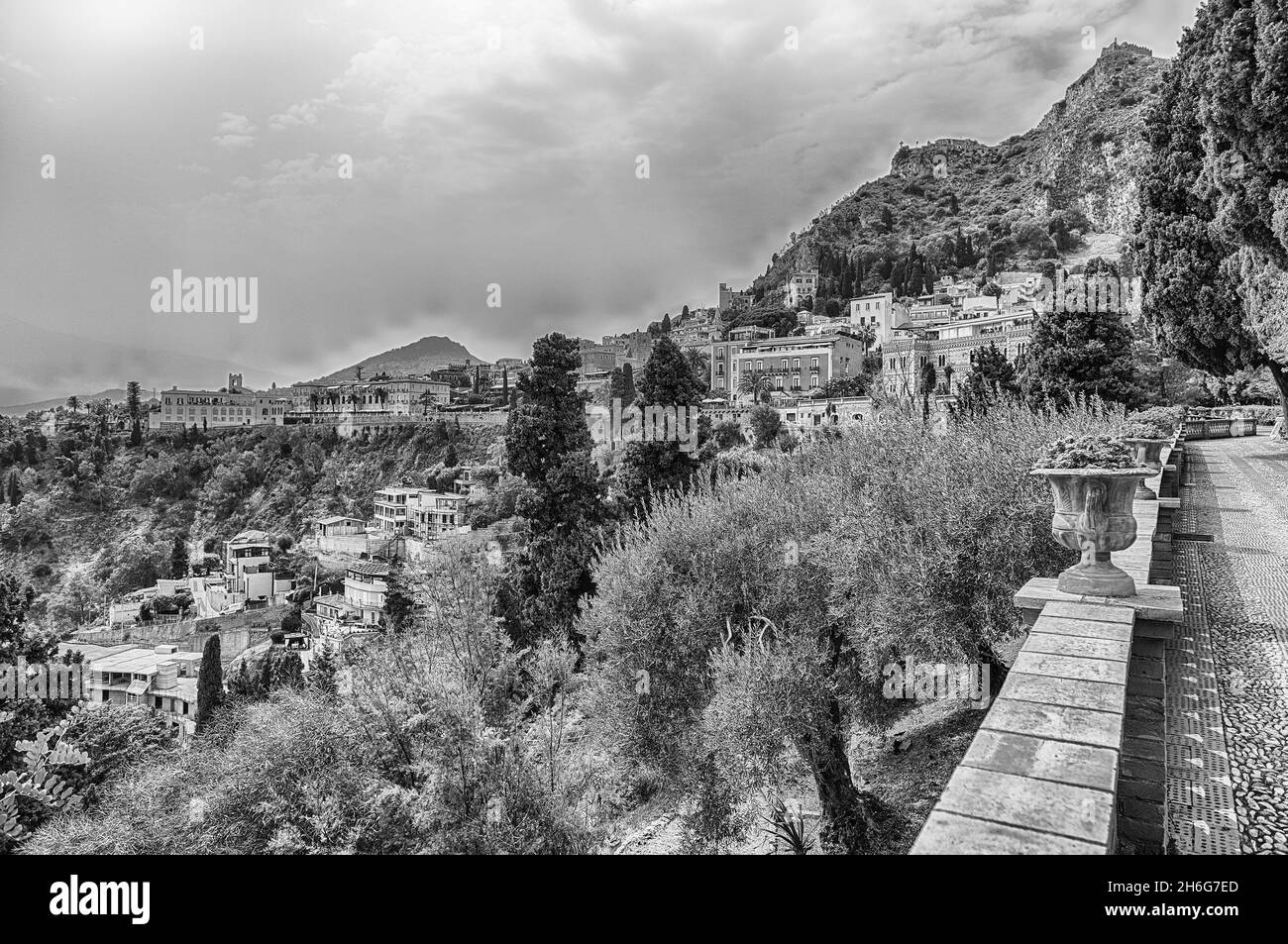 View over the city centre from the beautiful public garden of Taormina, Sicily, Italy Stock Photo