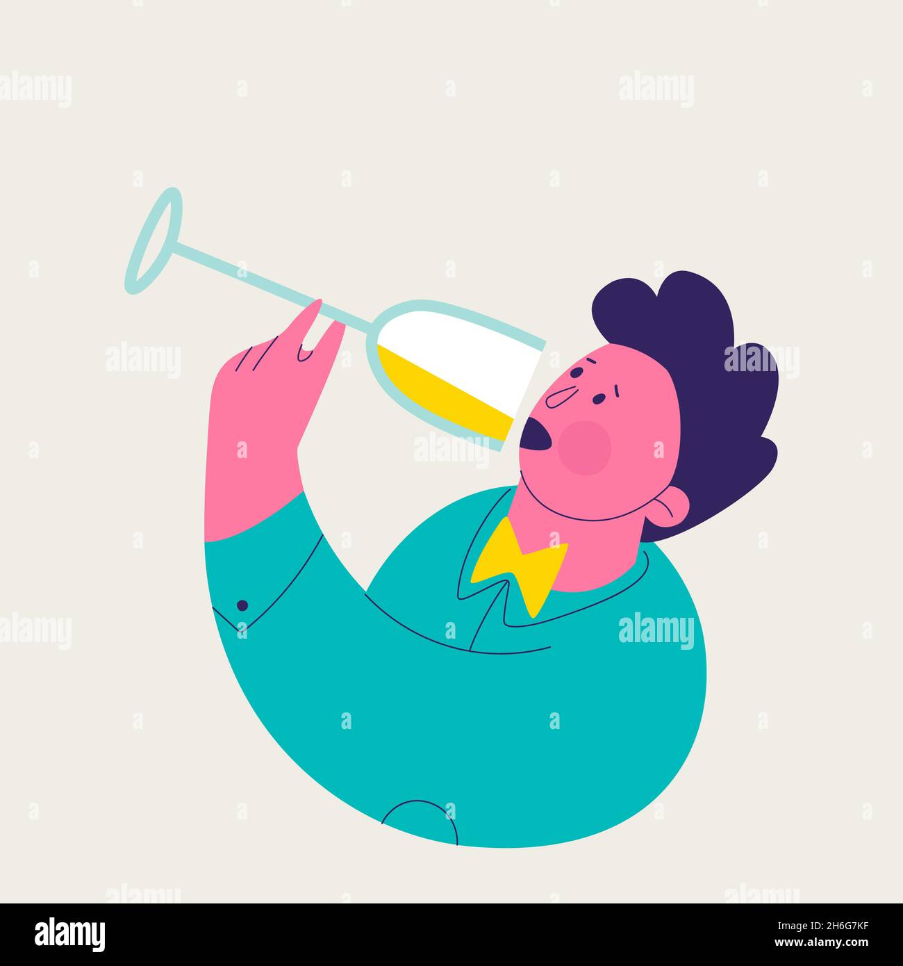 Single illustration from a set of white wine tasting. Cute man drinking white wine. Vector trendy isolated illustrations for design. Stock Vector