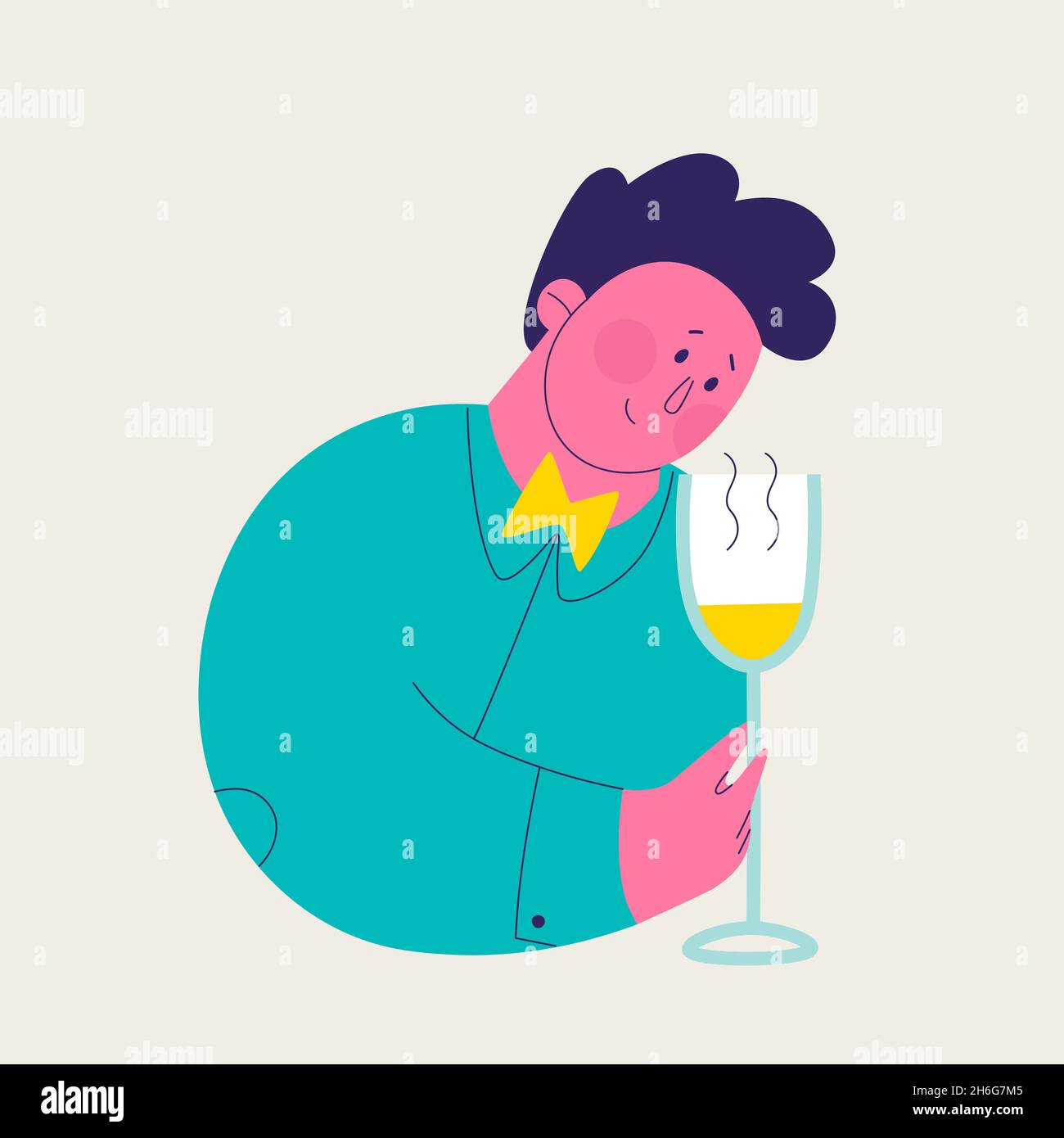 Single illustration from a set of white wine tasting. Cute man ...