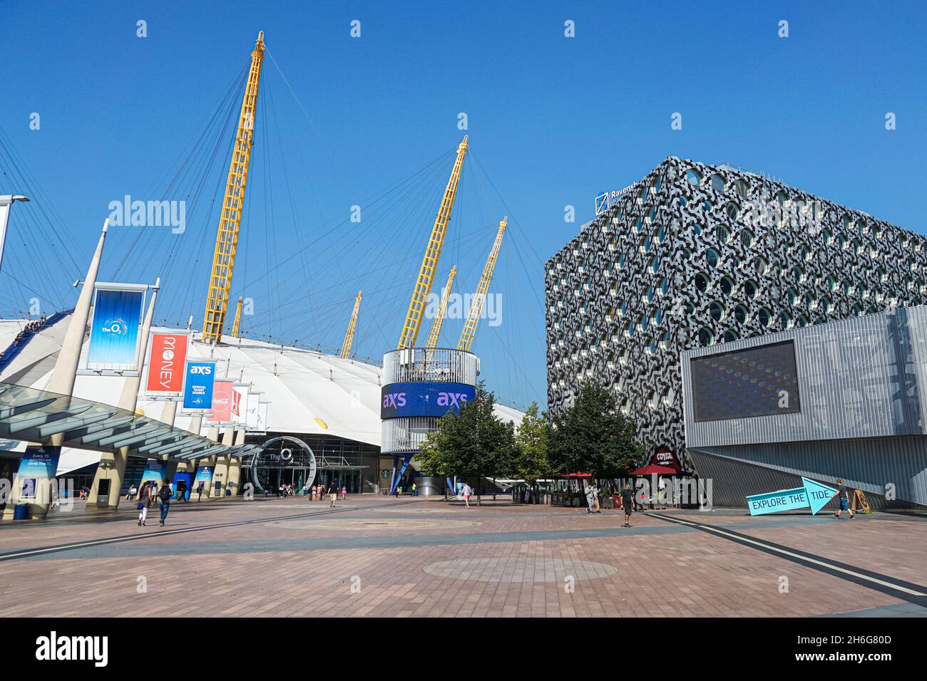 Peninsula Square in North Greenwich with O2 Arena and Ravensbourne University London building, London England United Kingdom UK Stock Photo