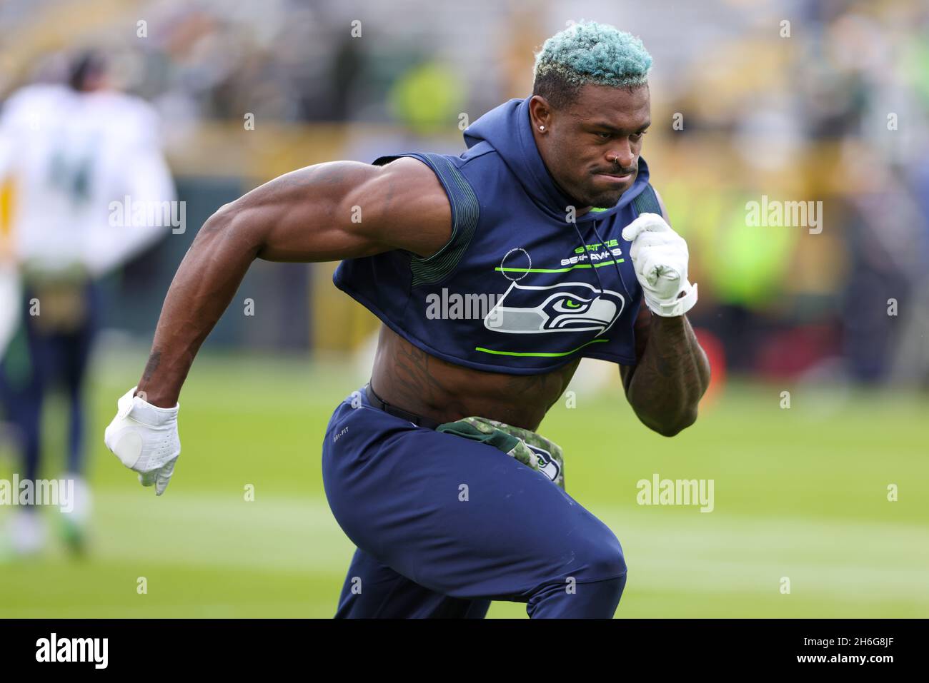 January 12, 2020: Seattle Seahawks wide receiver D.K. Metcalf #14 walks off  the field at halftime of the NFL Football game between the Seattle Seahawks  and the Green Bay Packers at Lambeau