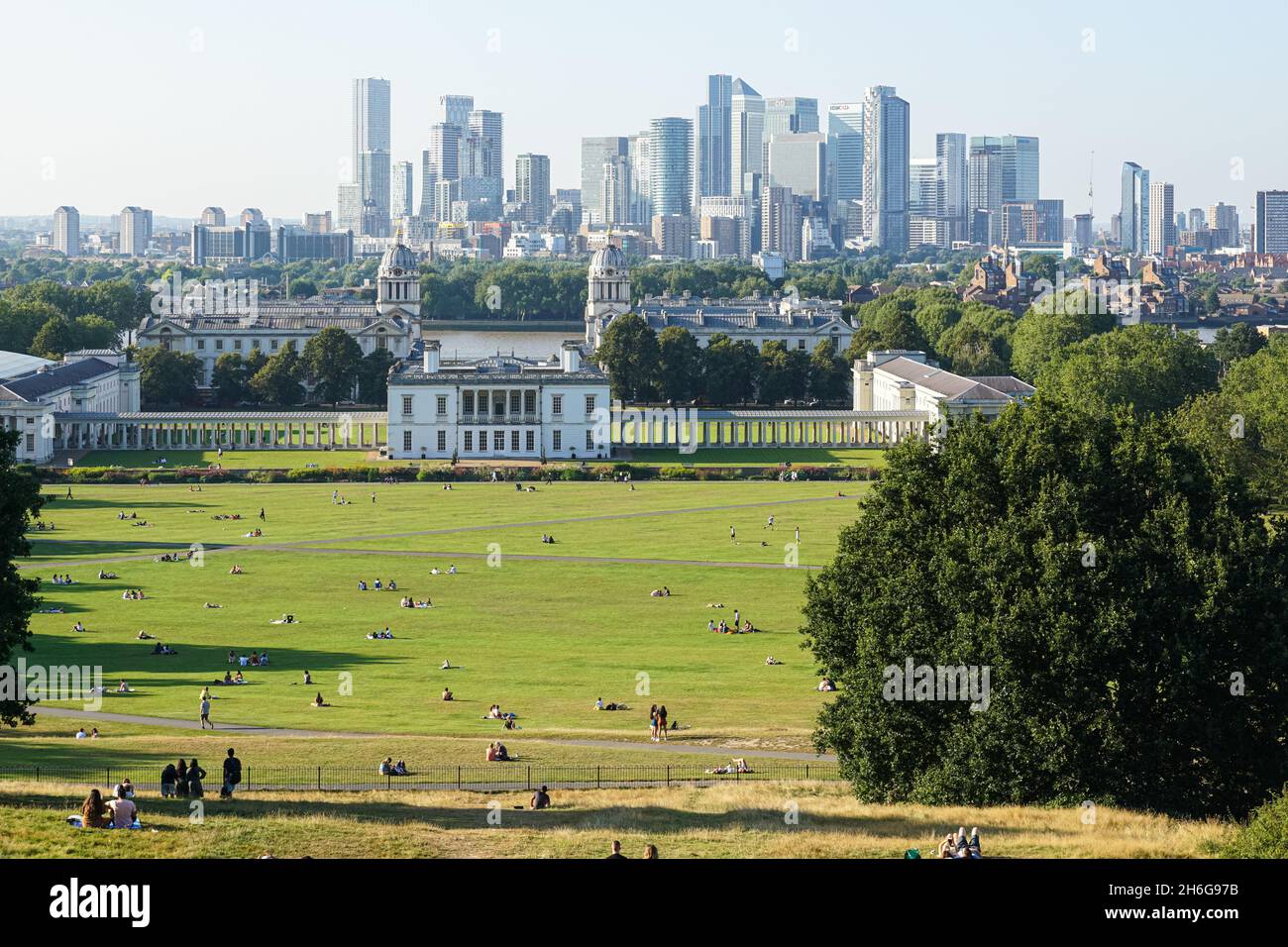 View of Canary Wharf skyscrapers from Greenwich Park in London, England, United Kingdom, UK Stock Photo