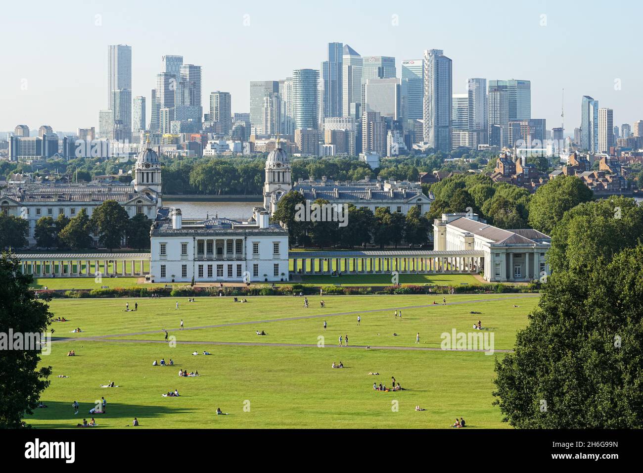 View of Canary Wharf skyscrapers from Greenwich Park in London, England, United Kingdom, UK Stock Photo