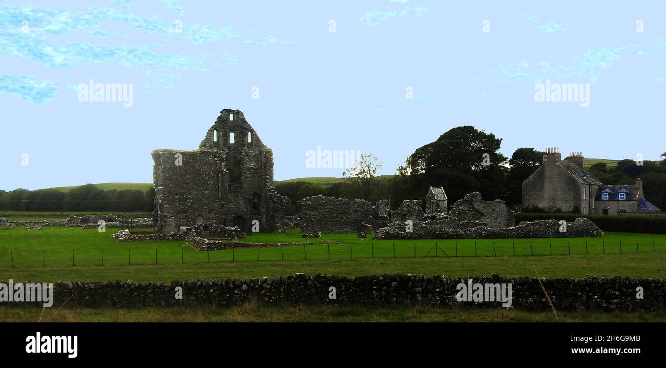 Glenluce Abbey, (aka Abbey of Luce or Comune Monasterii Beate Maeri de Valle Lucis, photographed when closed during the Covid Pandemic of 2010 .2021. The abbey Glenluce stands near to Glenluce, Dumfries & Galloway, Scotland, was a Cistercian monastery called that was founded circa 1190 by Rolland or Lochlann, Lord of Galloway and Constable of Scotland. The abbey fell into disuse  following the Scottish Reformation in 1560 when  John Gordon of Lochinvar took possession Stock Photo