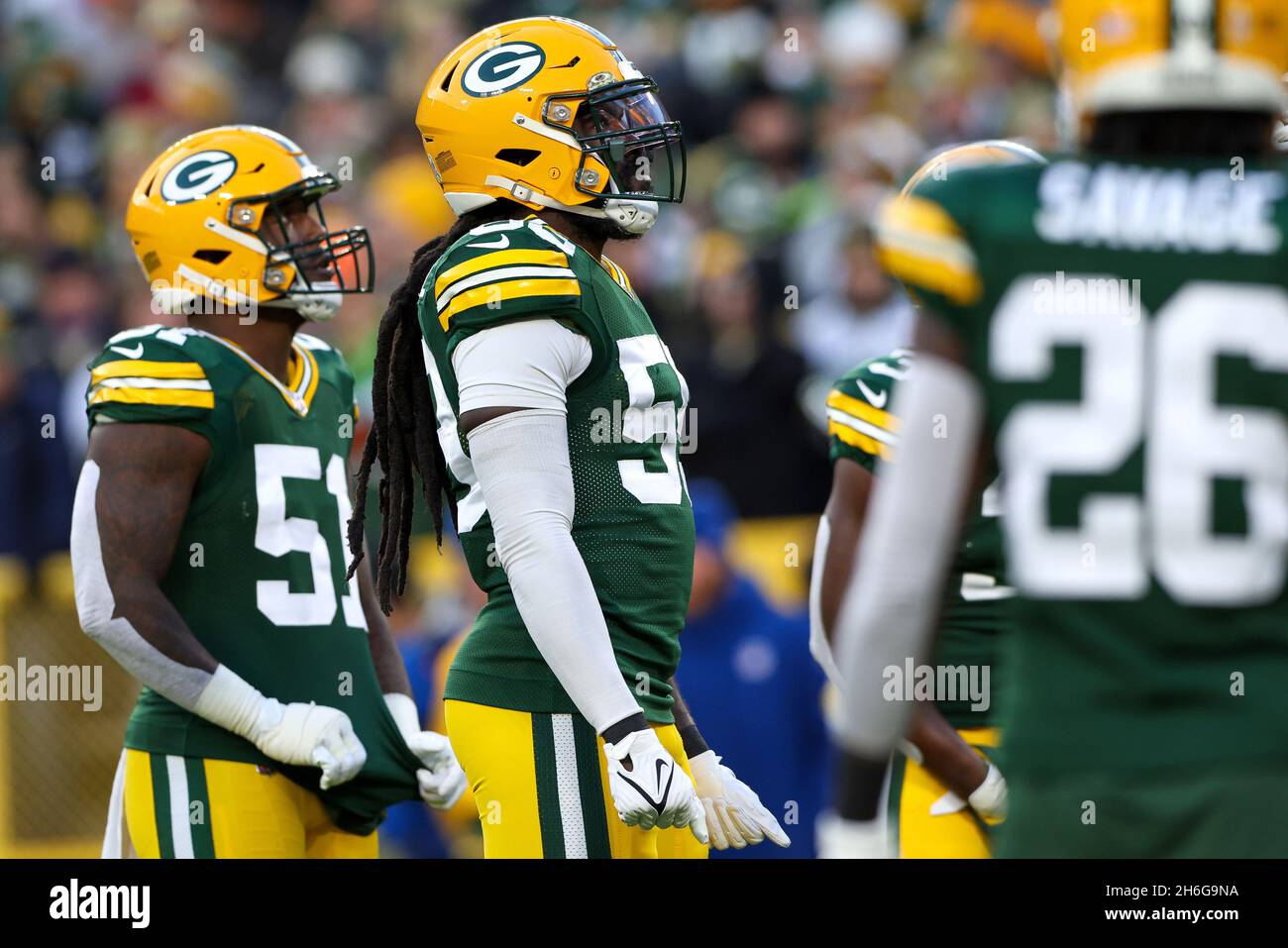 November 14, 2021: Green Bay Packers safety Adrian Amos (31) celebrates his  interception with inside linebacker De'Vondre Campbell (59), free safety  Darnell Savage (26), and cornerback Eric Stokes (21) during the NFL