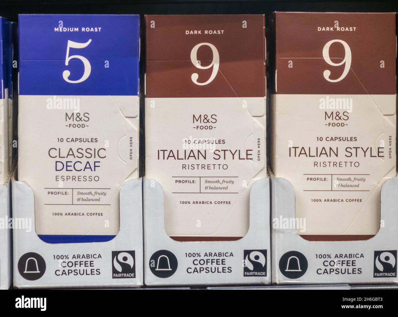 Boxes of coffee capsules on a shelf in M&S Foodhall in Liverpool Stock Photo