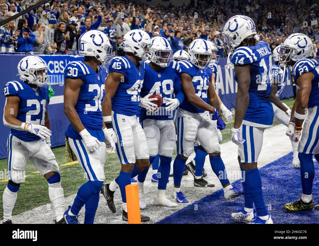 November 14, 2021: Indianapolis Colts players celebrate after a touchdown  by Indianapolis Colts linebacker E.J. Speed (45) during NFL football game  action between the Jacksonville Jaguars and the Indianapolis Colts at Lucas