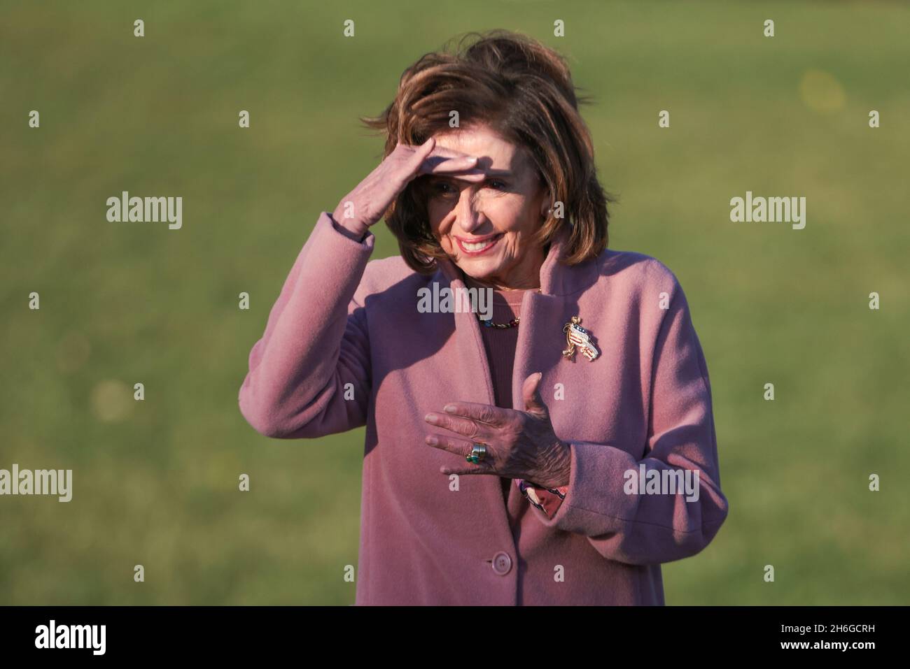 Washington, USA. 15th Nov, 2021. Speaker of The House Nancy Pelosi speaks before a ceremony where President Joe Biden will sign into law his Bipartisan Infrastructure Deal, H.R. 3684, the Infrastructure Investment and Jobs Act on the South Lawn of the White House on November 15, 2021 in Washington, DC. (Photo by Oliver Contreras/Sipa USA) Credit: Sipa USA/Alamy Live News Stock Photo