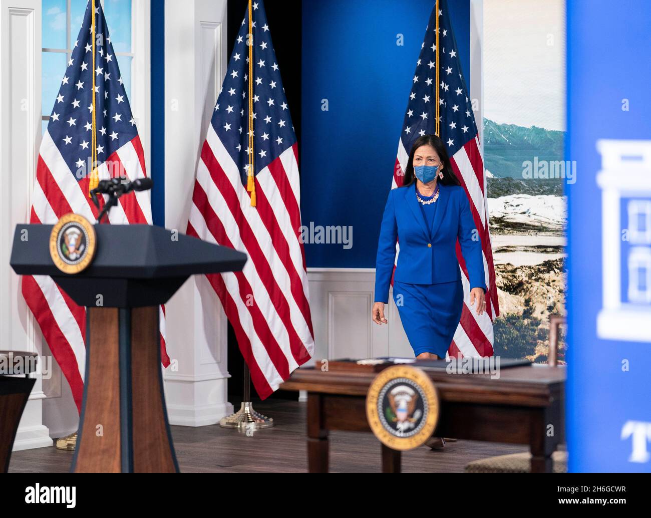 United States Secretary of the Interior Deb Haaland arrives to deliver