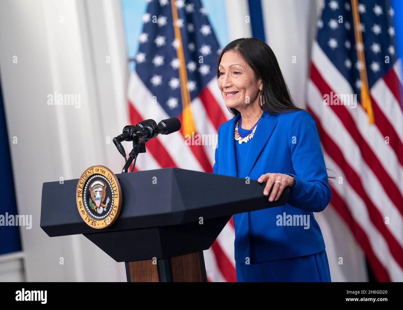 United States Secretary of the Interior Deb Haaland delivers remarks