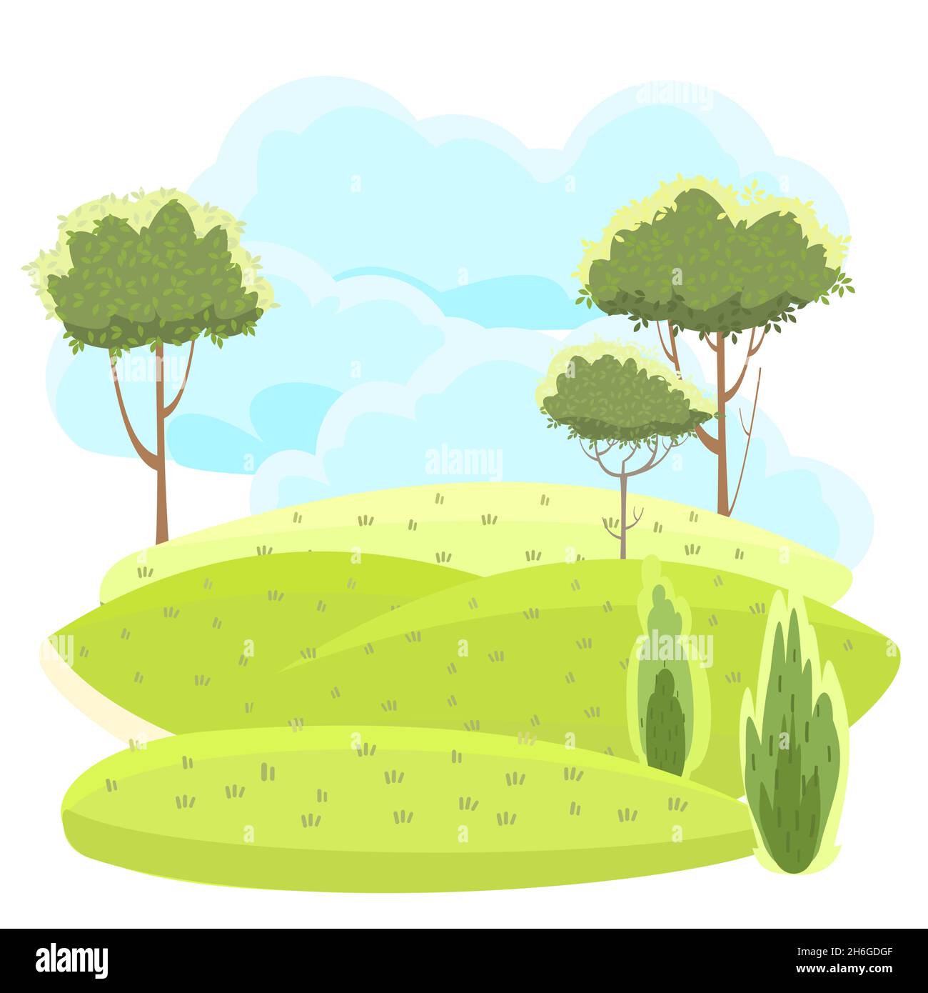 Rural Beautiful Landscape Cartoon Style Clouds Hills With Grass And