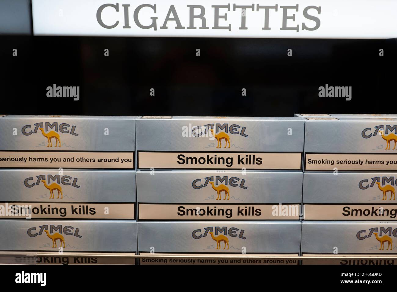 Packs of Camel cigarettes seen displayed on the shelf of a Duty Free store at the Boryspil International Airport. Stock Photo