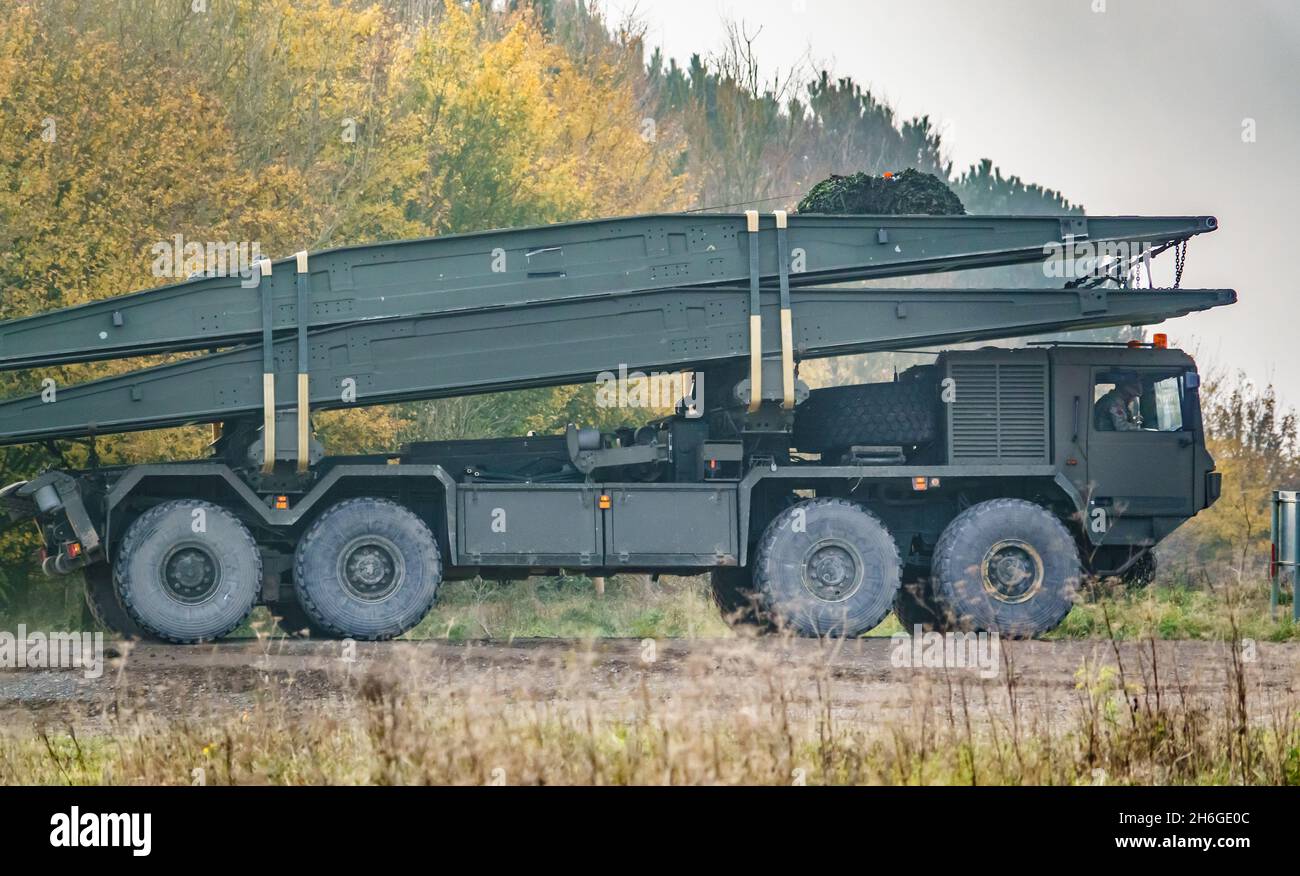 British army Alvis unipower 8x8 tank bridge transporter in action on a military exercise