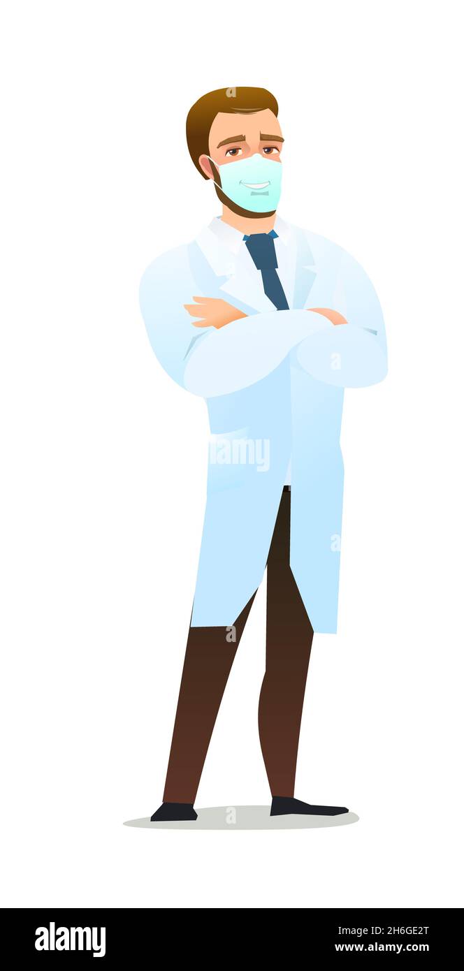 Optimistic doctor in dressing gown and humor mask. Cheerful persons in standing pose. Cartoon comic style flat design. Separate character Stock Vector
