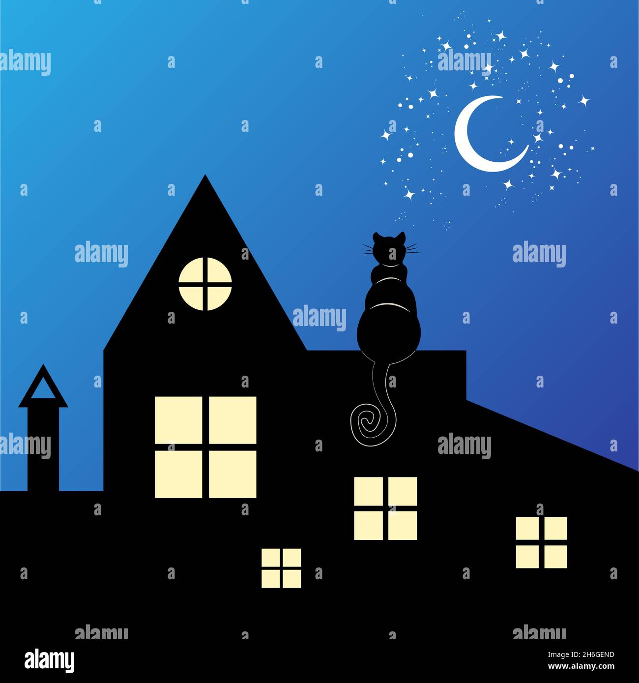 Black Cat sitting on the roof at night look at the crescent moon and ...