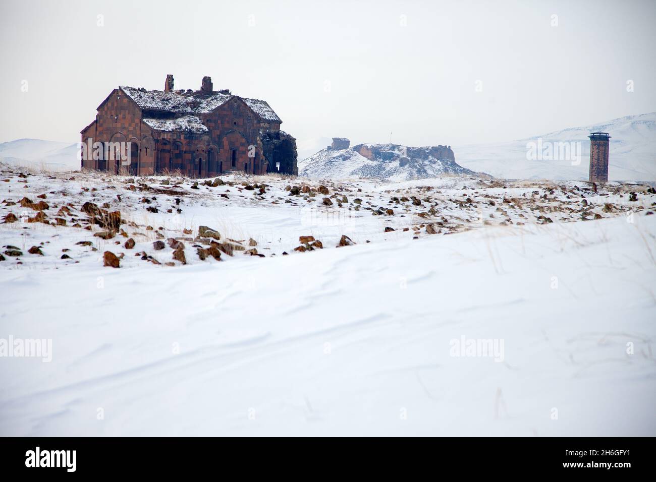 Ani Ruins, Ani is a ruined and uninhabited medieval Armenian city-site situated in the Turkish province of Kars Stock Photo