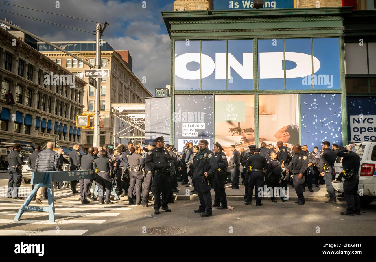 NYPD officers muster on Sixth Avenue in Chelsea in New York on Sunday, October 31, 2021 prior to the Greenwich Village Halloween Parade. (© Richard B. Levine) Stock Photo
