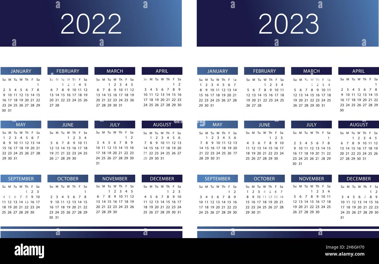 blue english language Calendar 2022-2023 vector template text is outline Stock Vector