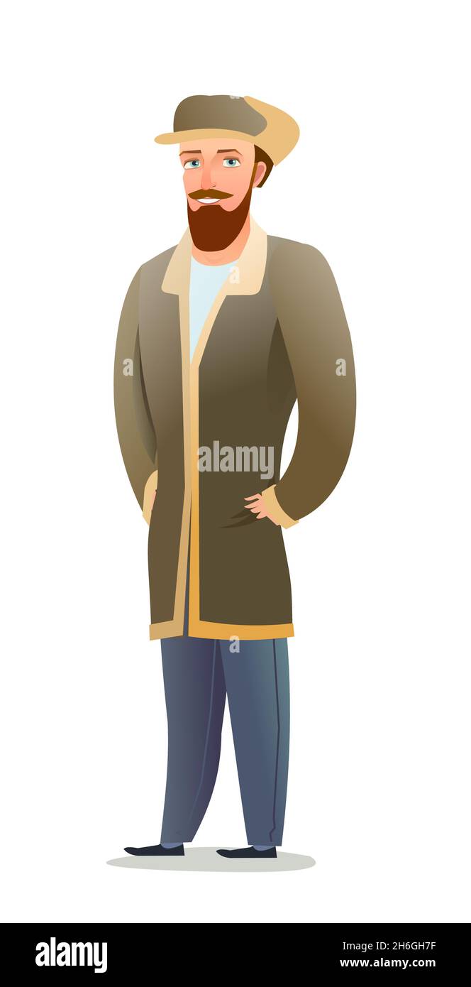 Man in winter clothes. Sheepskin coat and warm hat. Guy in winter. Cheerful person. Standing pose. Cartoon comic style flat design. Single character Stock Vector