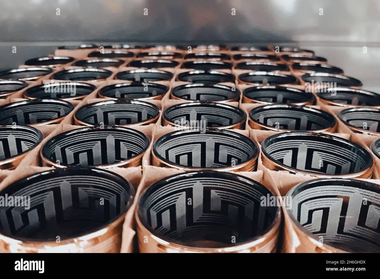 Lots of clear glass goblets. Glassware production. Empty glasses with