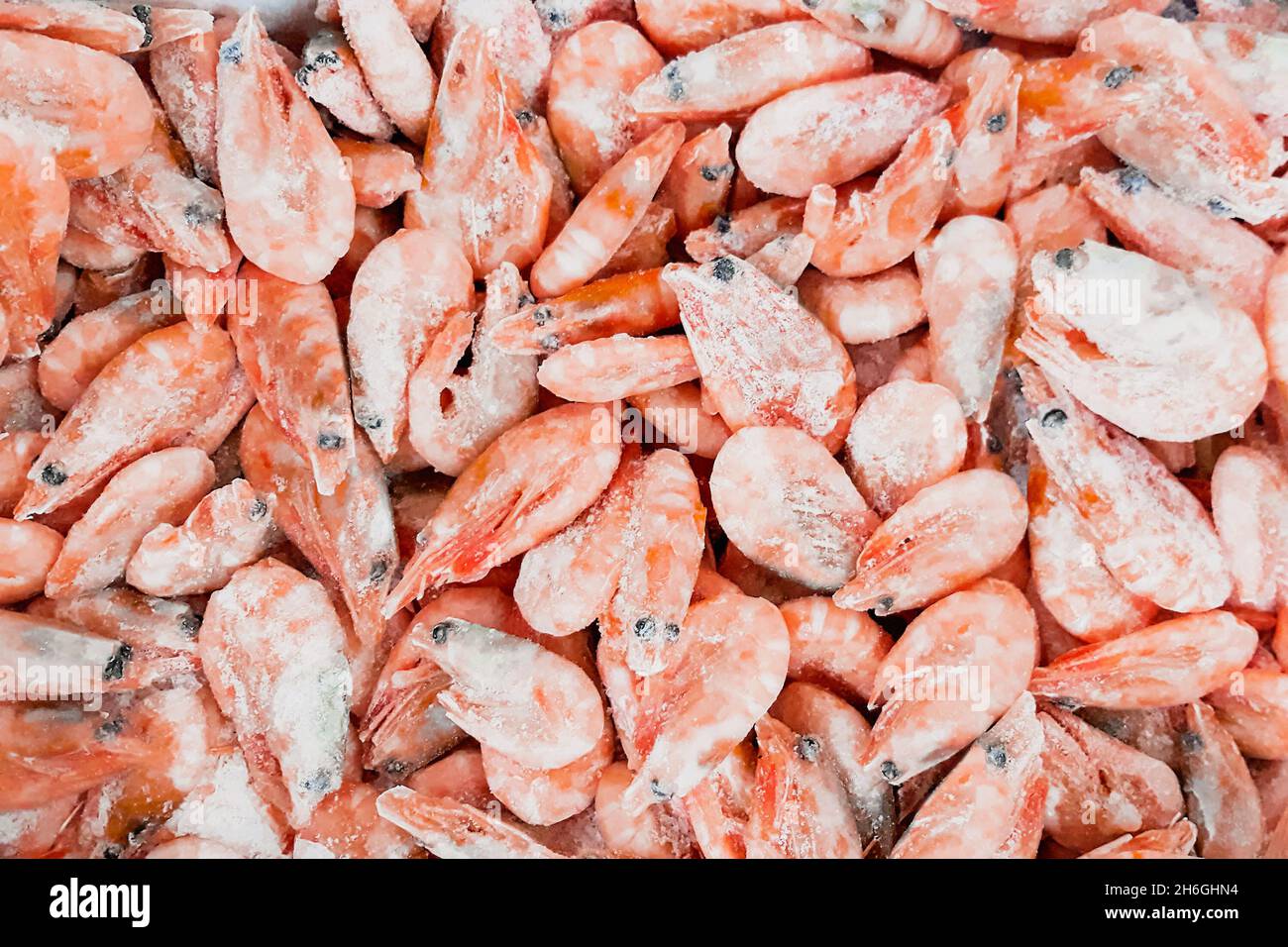 Frozen shrimp in the supermarket. Sale of seafood. Eco-friendly organic food. Stock Photo