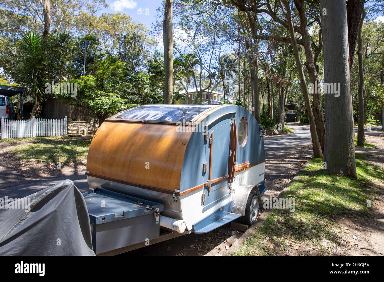 Australia home made as a student project wooden camper trailer on wheels parked in a Sydney street,Australia Stock Photo