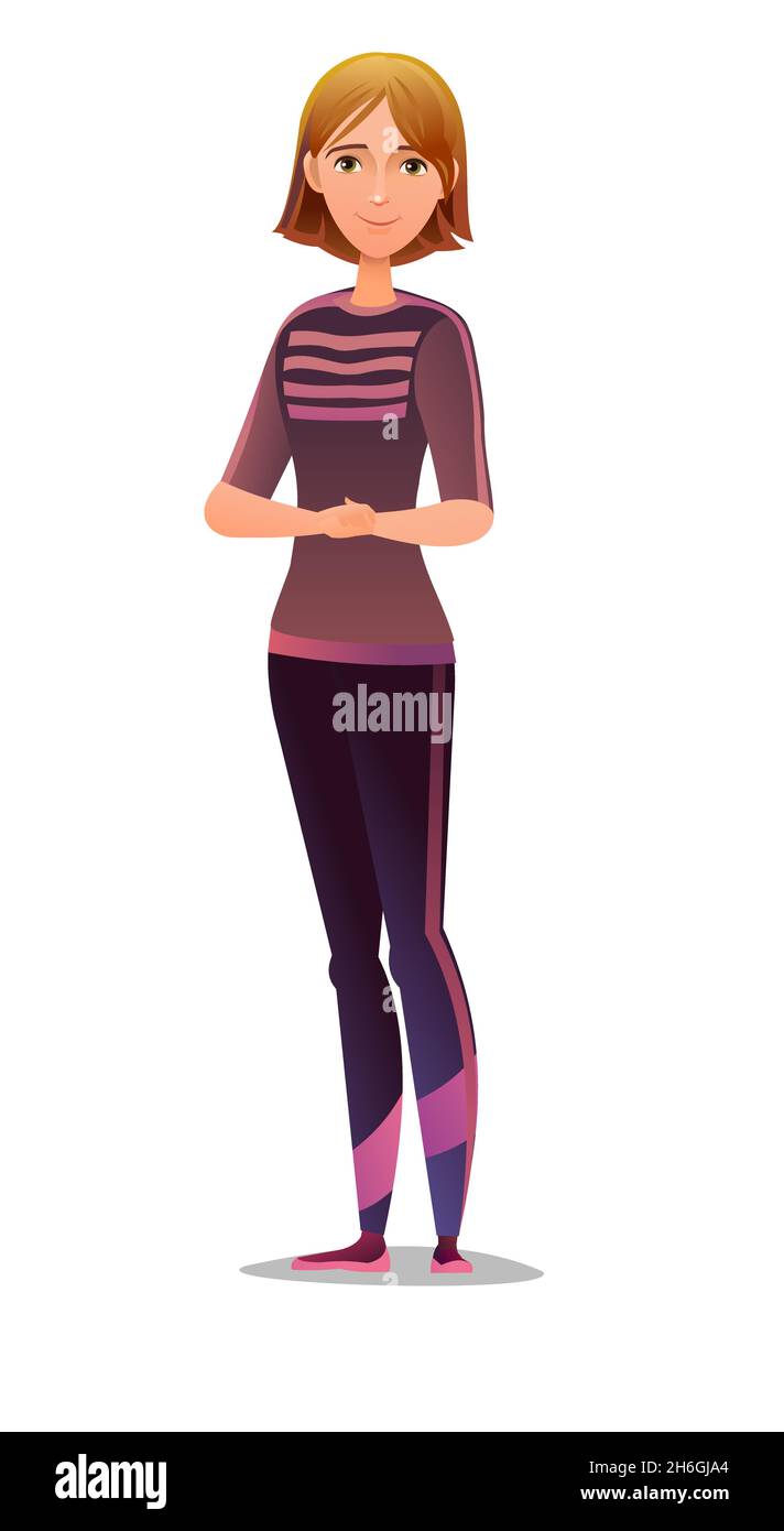 Woman in tracksuit. Girl got ready for sports activities. Cheerful person. Standing pose. Cartoon comic style flat design. Single character Stock Vector