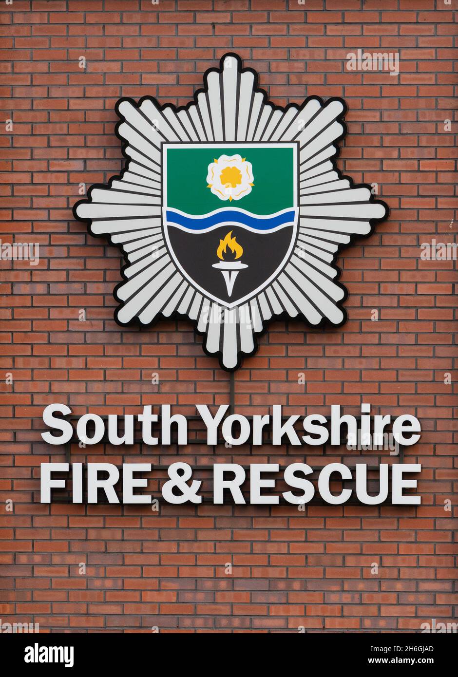 South Yorkshire Fire and Rescue sign on outside of new Barnsley fire station building, Barnsley, South Yorkshire, England, UK Stock Photo