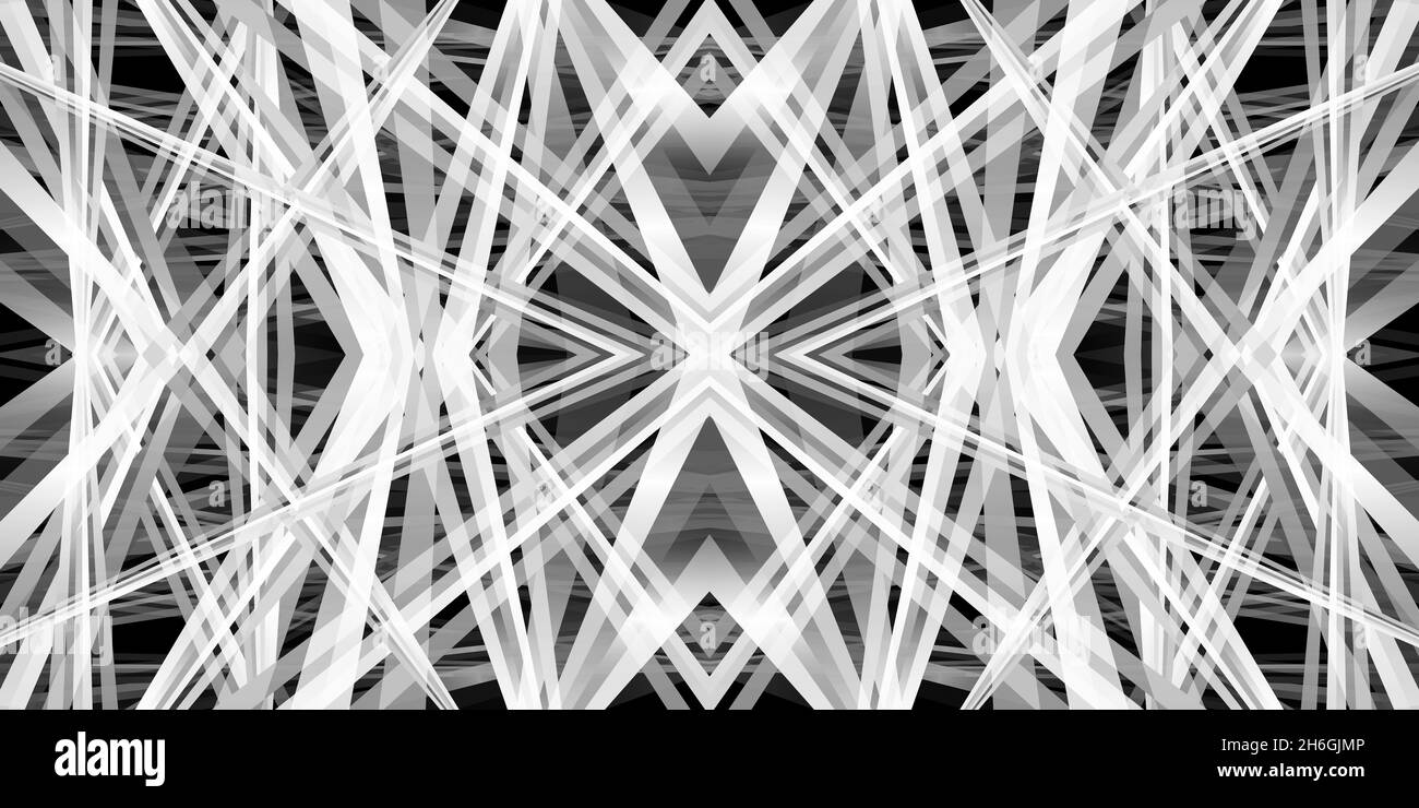 3D illustration of a kaleidoscope geometric pattern in black and white, for abstract or futuristic backgrounds or alpha channels. Stock Photo