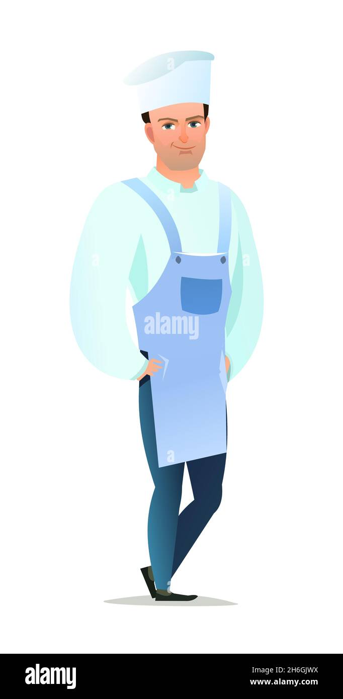 Male cook in overalls. Guy from kitchen in an apron. Cheerful person ...