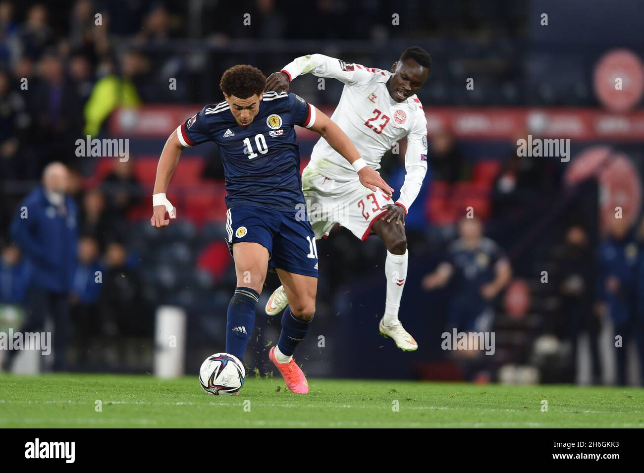 Glasgow, Scotland, 15th November 2021. Che Adams of Scotland and Pione Sisto  during the FIFA World Cup qualifiers match at Hampden Park, Glasgow. Picture credit should read: Neil Hanna / Sportimage Stock Photo
