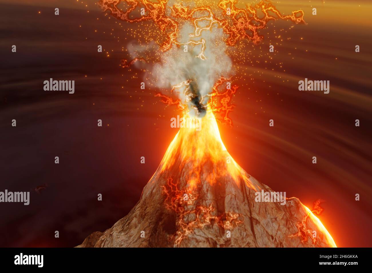 lightning electric storm at night with three-dimensional erupting volcano spewing lava, magma, gas, ash and plume of smoke dramatic endangered scene i Stock Photo