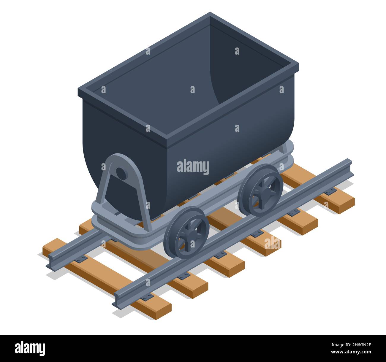 Isometric old coal mine wagon. Mining cart. Old iron lurry minecart tram tool equipment Stock Vector