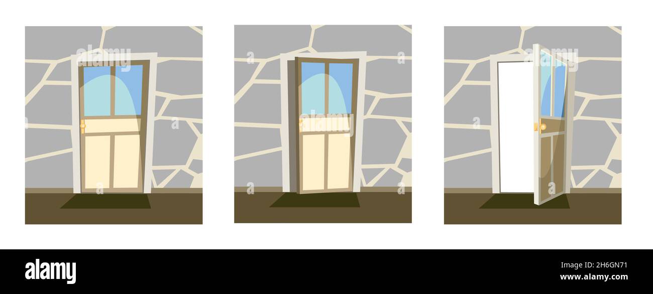 Set of white doors. Open, half ajar and locked. From inside of room at home. Stone wall. Way is open. Cartoon style. Vector Stock Vector