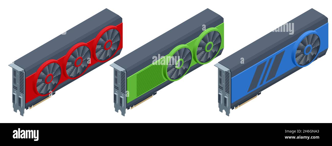 Isometric cryptocurrency mining video card. Cryptomining farm. Cryptocurrency mining equipment Stock Vector