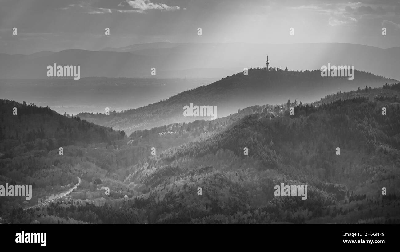 The sun shines on the village ebersteinburg in the black forest Stock Photo