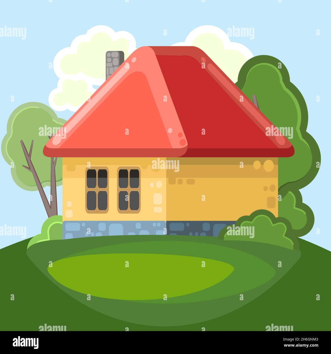 Small country house with yellow walls and red roofs. Funny cartoon