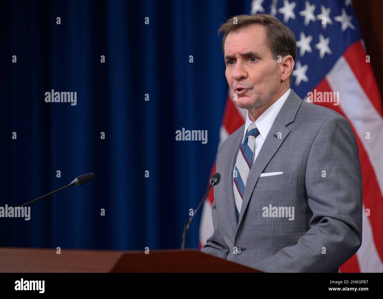 Arlington, United States Of America. 15th Nov, 2021. Arlington, United States of America. 15 November, 2021. Pentagon Press Secretary John Kirby speaks at a press briefing at the Pentagon November 15, 2021 in Arlington, Virginia. Kirby said that Defense Sec. Austin has not yet spoken to Oklahoma Gov. Kevin Stitt about the state National Guard refusal to follow the COVID-19 vaccine mandate. Credit: SSgt. Brittany Chase/DOD/Alamy Live News Stock Photo