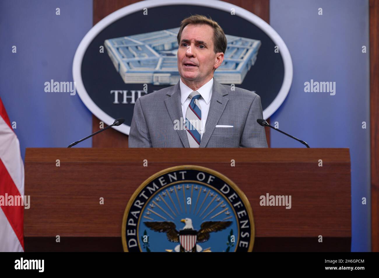 Arlington, United States Of America. 15th Nov, 2021. Arlington, United States of America. 15 November, 2021. Pentagon Press Secretary John Kirby speaks at a press briefing at the Pentagon November 15, 2021 in Arlington, Virginia. Kirby said that Defense Sec. Austin has not yet spoken to Oklahoma Gov. Kevin Stitt about the state National Guard refusal to follow the COVID-19 vaccine mandate. Credit: SSgt. Brittany Chase/DOD/Alamy Live News Stock Photo