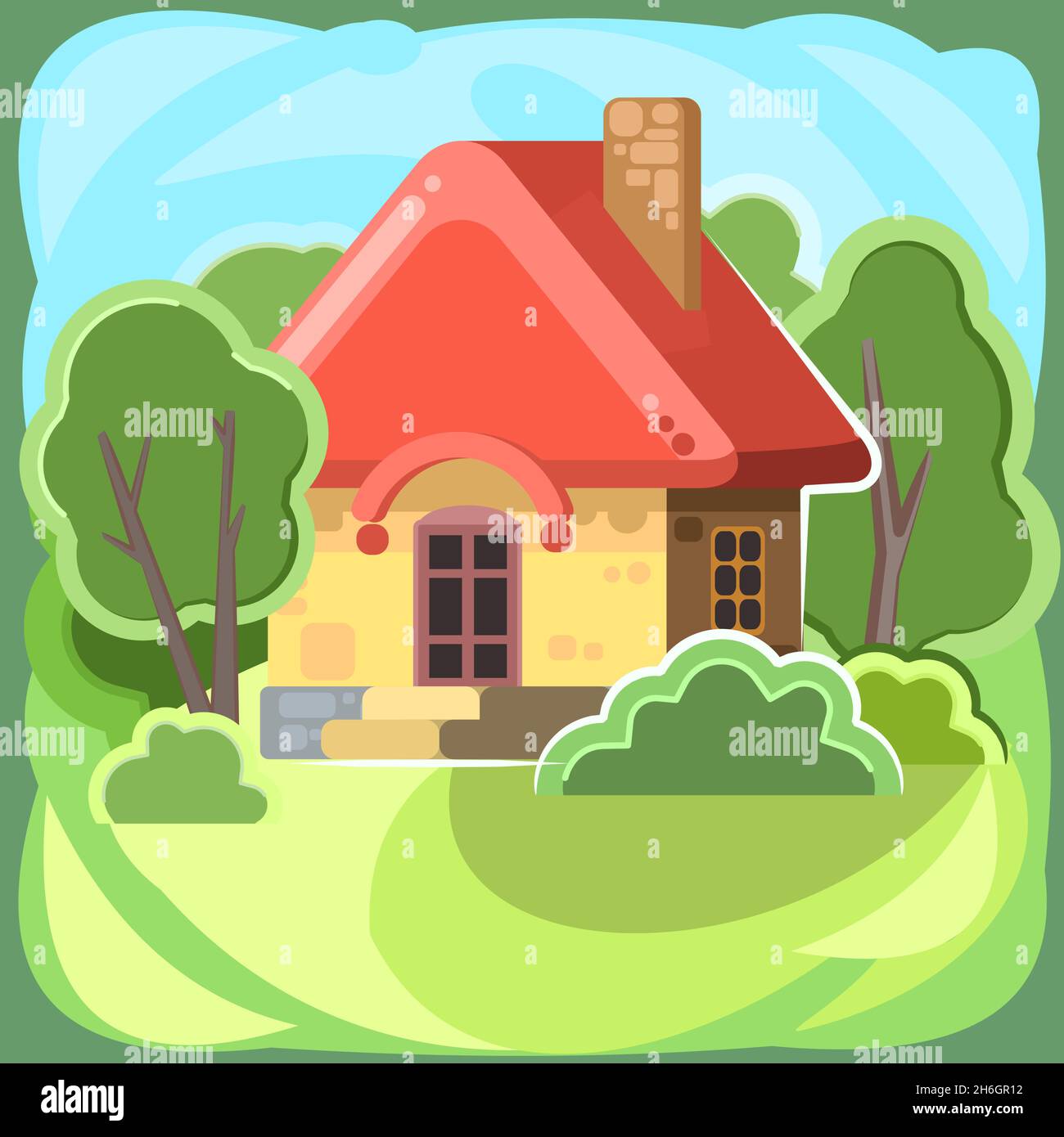 Small country house with yellow walls and red roofs. Funny cartoon