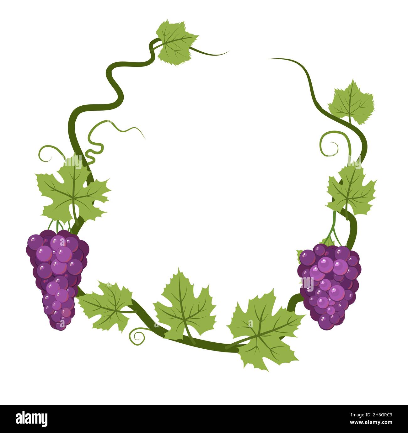 Round Frame. Vine with foliage and bunches of grapes. Viticulture and ...