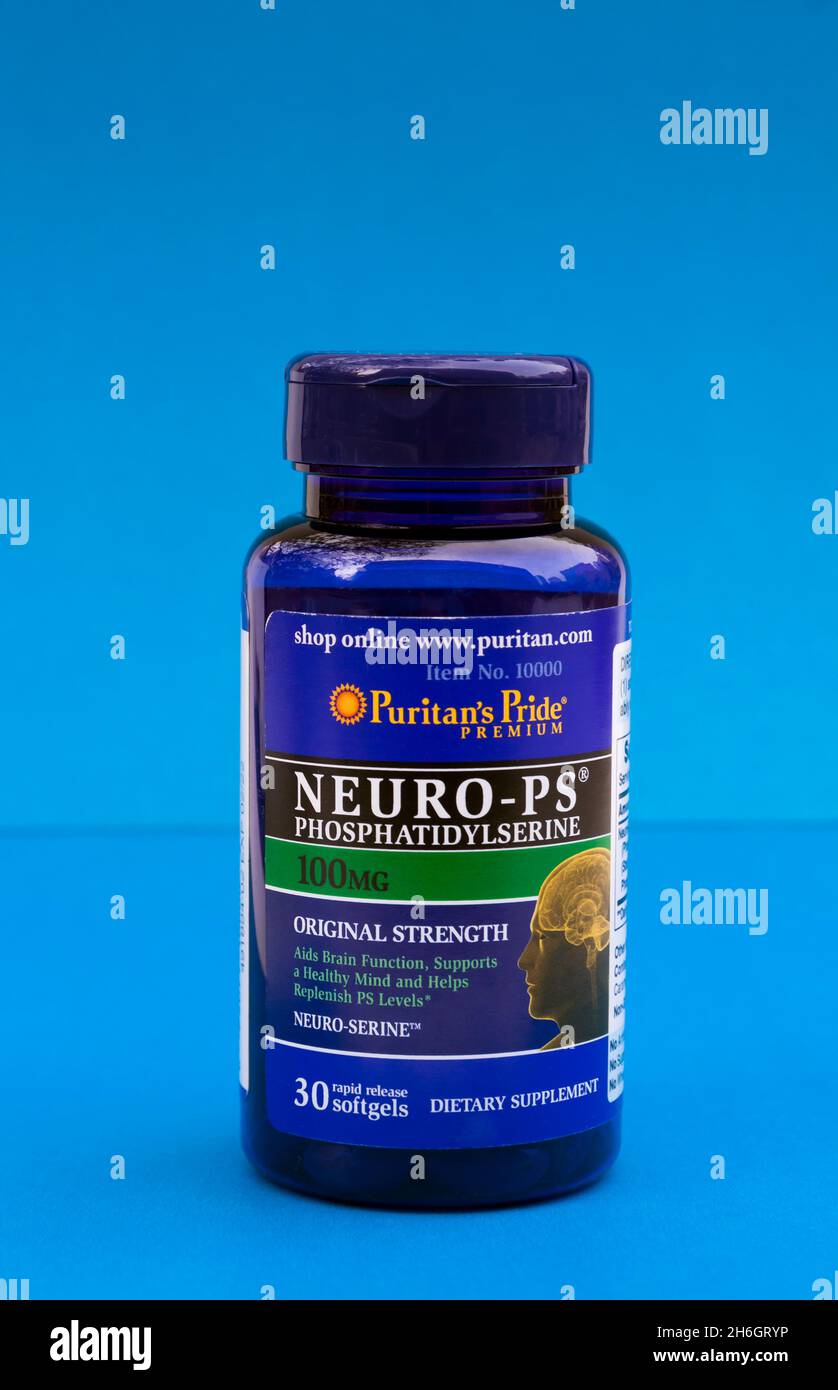 Neuro-PS Phosphatidylserine bottle of soft gels that aids brain function & a healthy mind. Stock Photo