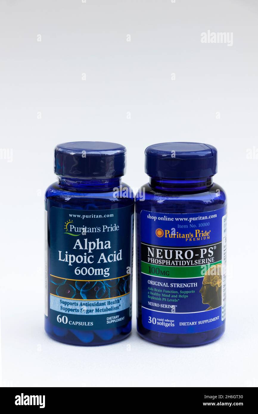 Brain and memory power supplements, alpha lipoic acid and phosphatidylserine, that maintain cell membranes and cellular energy production. Stock Photo