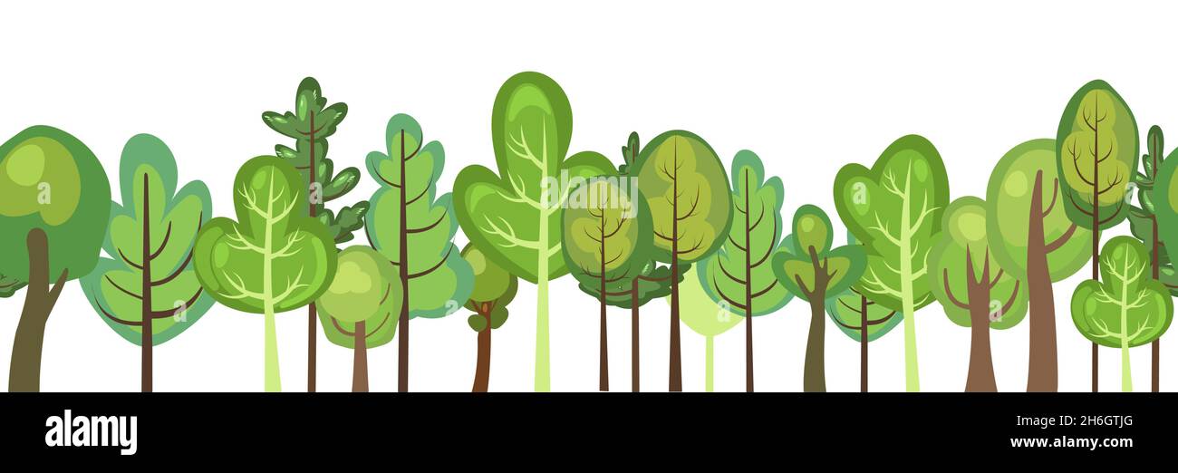 Flat forest. Horizontal seamless composition. Cartoon style. Funny green rural landscape. Level the game. Comic background design. Cute scene with Stock Vector
